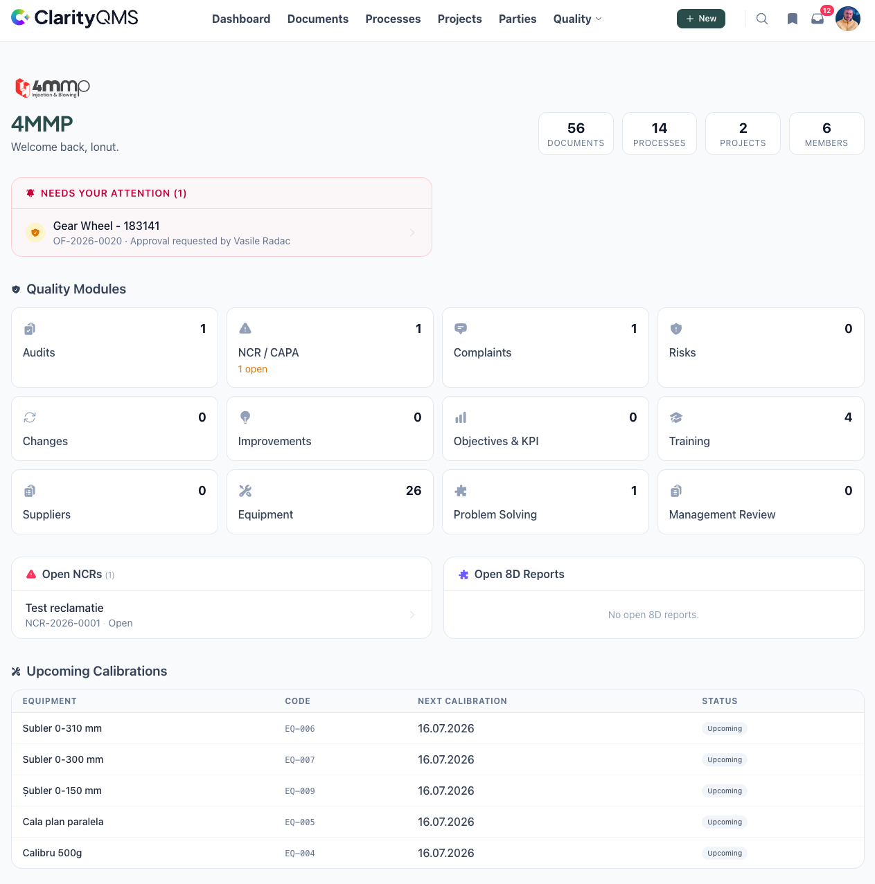 Clarity QMS Dashboard